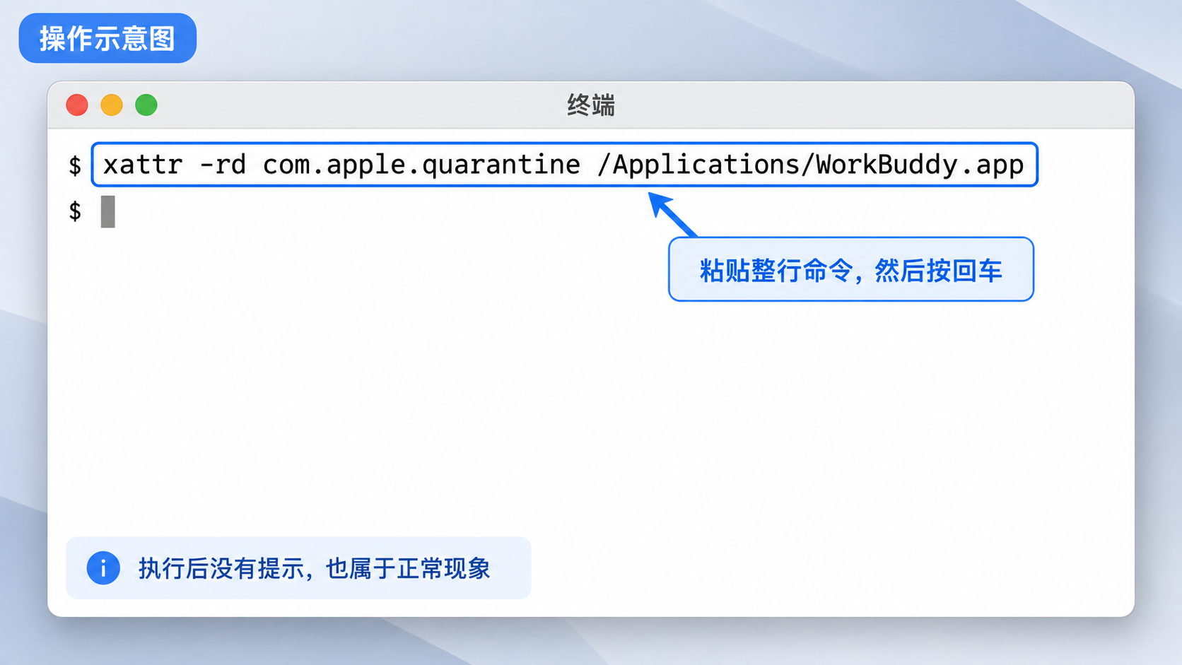 操作示意图：在 Mac 终端中粘贴 WorkBuddy 修复命令并按回车